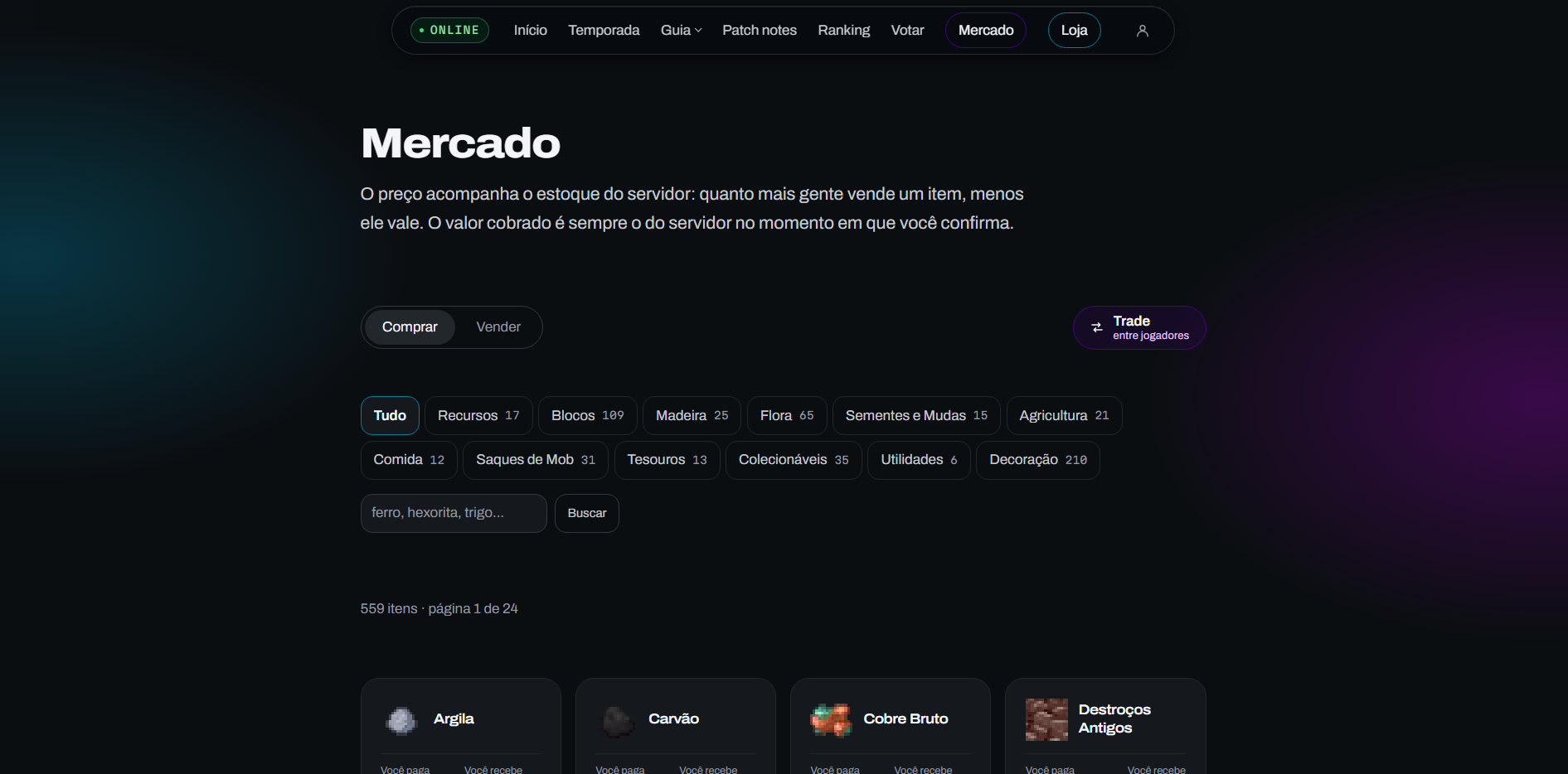 A página Mercado do site do Hexoria: o preço de cada item acompanha o estoque do servidor, com categorias e busca