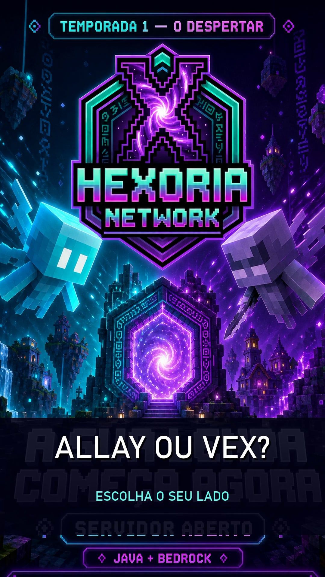 Arte de divulgação da primeira temporada: o escudo do Hexoria entre o Allay e o Vex, sobre um portal, com a pergunta "Allay ou Vex?"